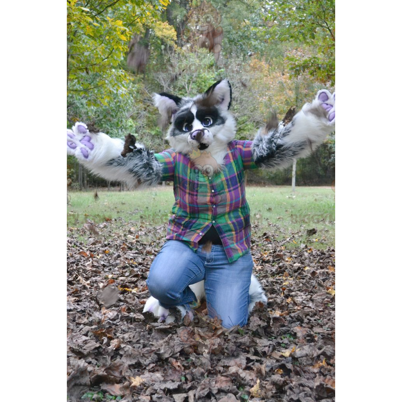 BIGGYMONKEY™ Mascot Costume Black and White Dog in Plaid Shirt