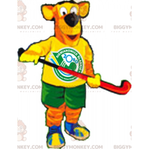 Orange och gul hund BIGGYMONKEY™ Maskotdräkt i Hockeyoutfit -