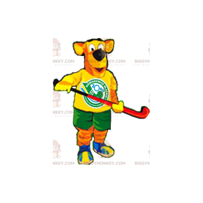 Orange og gul hund BIGGYMONKEY™ maskotkostume i hockeyoutfit -