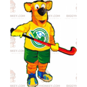 Kostým maskota oranžovožlutého psa BIGGYMONKEY™ v hokejovém