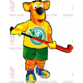 Orange og gul hund BIGGYMONKEY™ maskotkostume i hockeyoutfit -