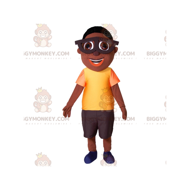 Traje de mascote de menino africano BIGGYMONKEY™ com óculos