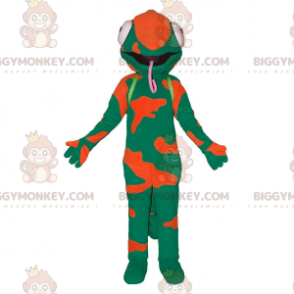 Traje de mascote camaleão Big Tongue verde e laranja