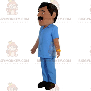 BIGGYMONKEY™ maskotdräkt av mustaschbrun man klädd i blå outfit