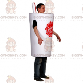 Traje de mascote BIGGYMONKEY™ de cálice branco com canudo.
