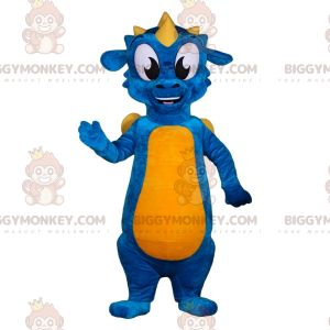 Blauwe en gele draak BIGGYMONKEY™ mascottekostuum. Kleurrijk