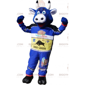 Blue Cow BIGGYMONKEY™ Mascot Costume Dressed In Race Track