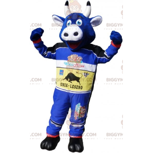 Costume da mascotte BIGGYMONKEY™ da mucca blu vestito con un