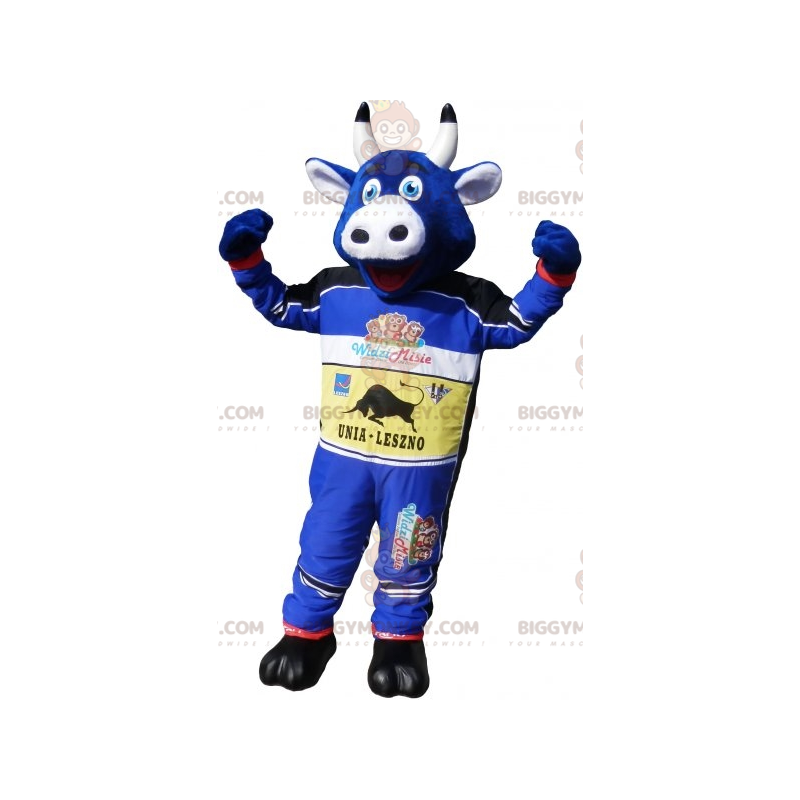 Blue Cow BIGGYMONKEY™ maskotdräkt klädd i racerbanans outfit -