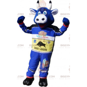 Blauwe koe BIGGYMONKEY™ mascottekostuum gekleed in