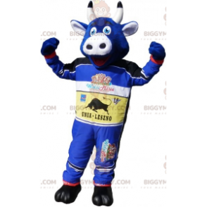 Costume de mascotte BIGGYMONKEY™ de vache bleue habillée en