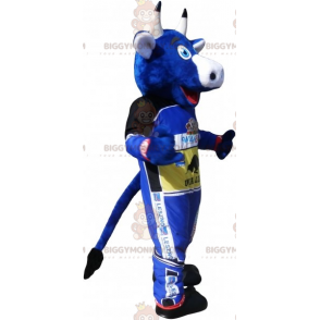 Blue Cow BIGGYMONKEY™ Mascot Costume Dressed In Race Track