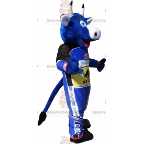 Blue Cow BIGGYMONKEY™ maskotdräkt klädd i racerbanans outfit -