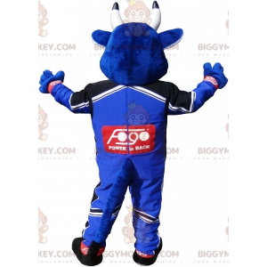 Blue Cow BIGGYMONKEY™ Mascot Costume Dressed In Race Track