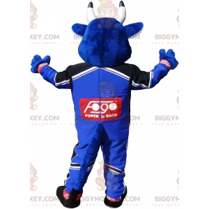 Blue Cow BIGGYMONKEY™ maskotkostume klædt i racerbanetøj -