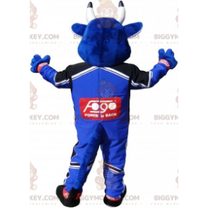 Blue Cow BIGGYMONKEY™ Mascot Costume Dressed In Race Track