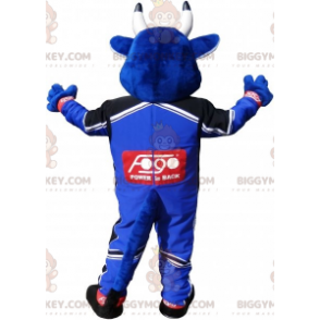 Blue Cow BIGGYMONKEY™ maskotkostume klædt i racerbanetøj -