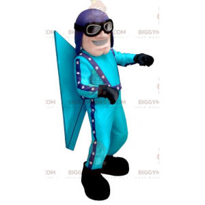 Blaues Flieger-BIGGYMONKEY™-Maskottchen-Kostüm mit Helm und