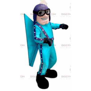 Blaues Flieger-BIGGYMONKEY™-Maskottchen-Kostüm mit Helm und