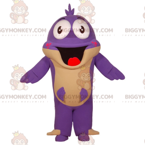 Traje de mascote engraçado de peixe roxo e bronzeado