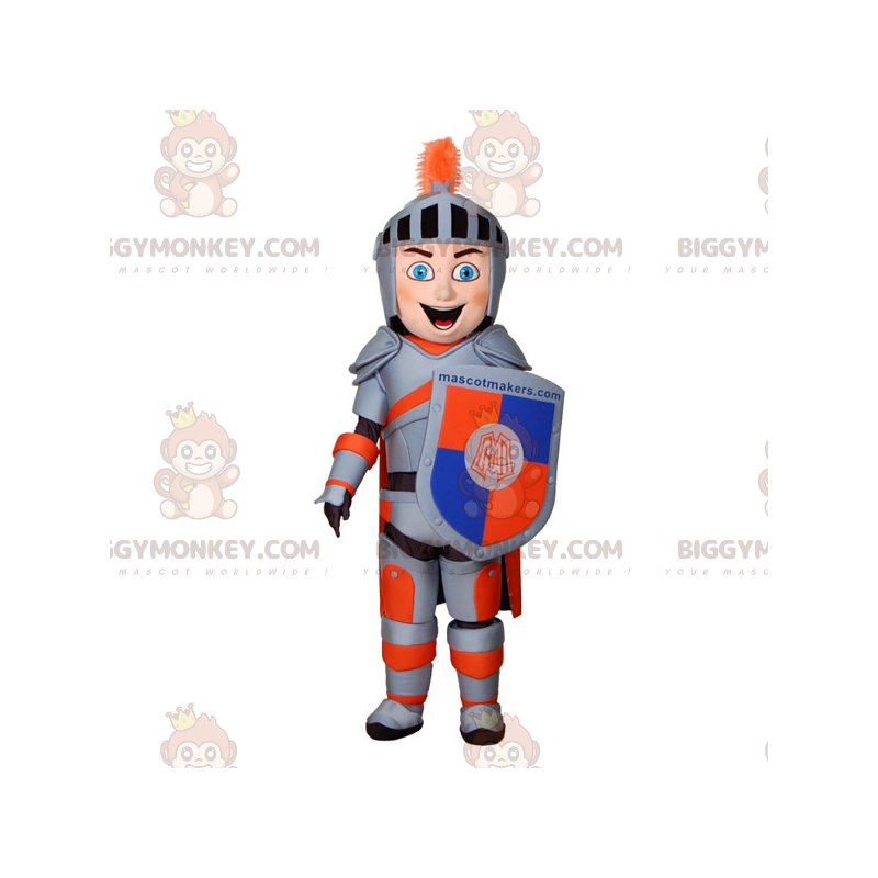 Στολή μασκότ Knight BIGGYMONKEY™ με γκρι και πορτοκαλί πανοπλία