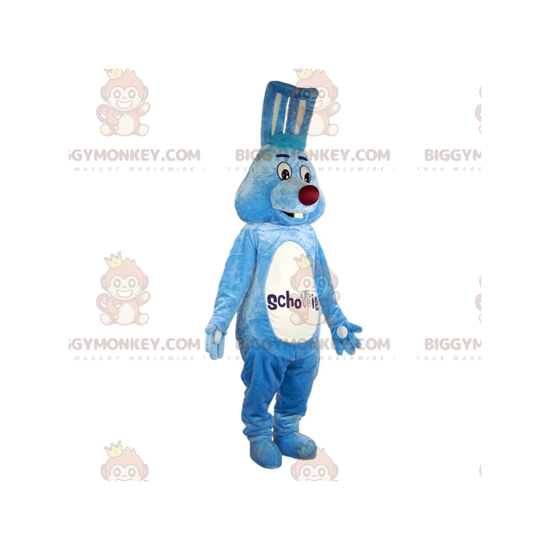 Traje de mascote de coelho azul e branco bonito e amigável