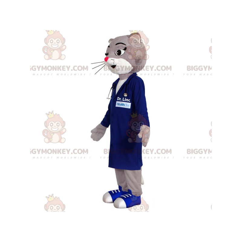 Traje de mascote BIGGYMONKEY™ Gato cinza e branco vestido com