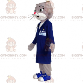 Traje de mascote BIGGYMONKEY™ Gato cinza e branco vestido com