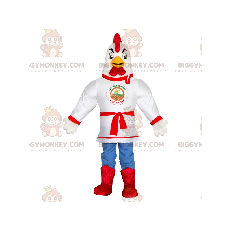 Costume de mascotte BIGGYMONKEY™ de coq blanc habillé d'un