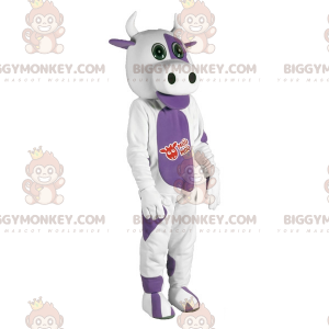 Disfraz de mascota BIGGYMONKEY™ de vaca blanca y morada.