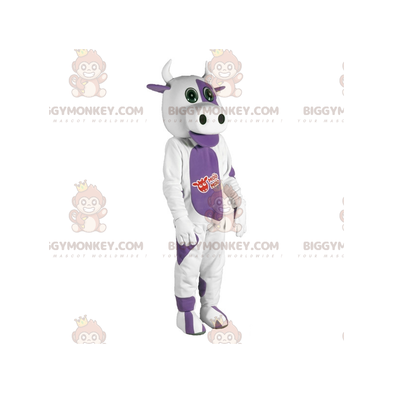 Disfraz de mascota BIGGYMONKEY™ de vaca blanca y morada.