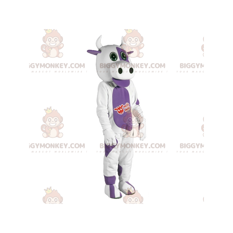Valkoinen ja violetti lehmän BIGGYMONKEY™ maskottiasu. lehmän