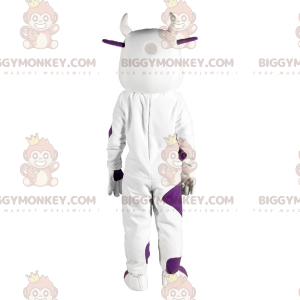 Disfraz de mascota BIGGYMONKEY™ de vaca blanca y morada.