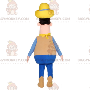 Farmer Cowboy BIGGYMONKEY™ maskottiasu hatulla ja bandanalla -