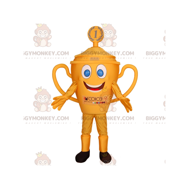 BIGGYMONKEY™ mascot costume of yellow trophy with blue eyes.