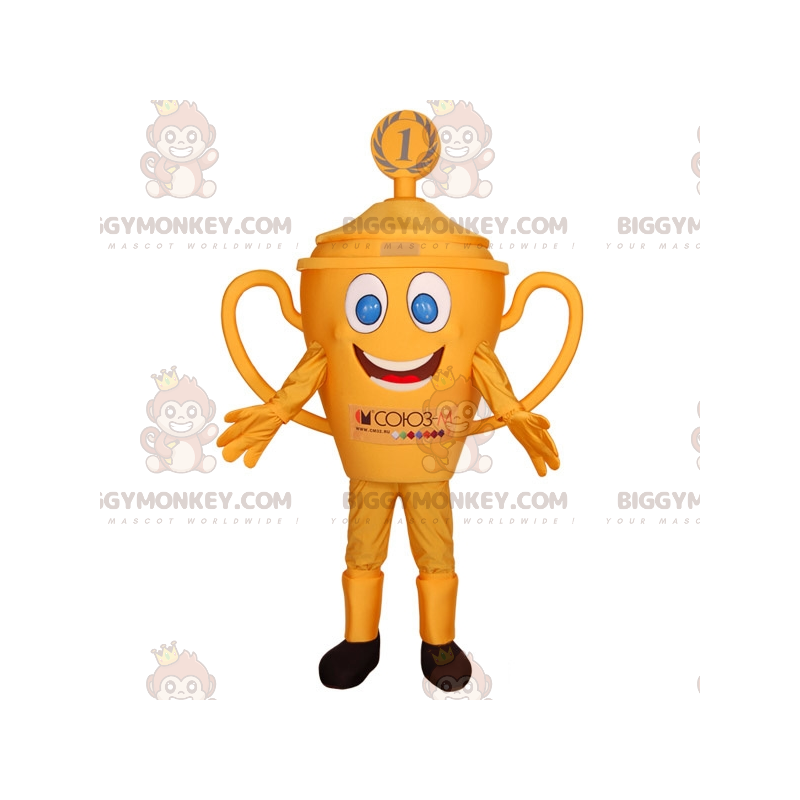 Disfraz de mascota BIGGYMONKEY™ de trofeo amarillo con ojos