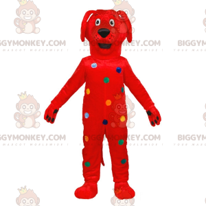 Röd hund BIGGYMONKEY™ maskotdräkt med färgglada prickar -