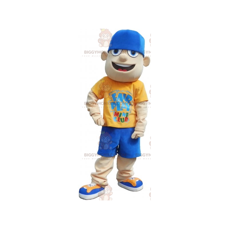 Tiener BIGGYMONKEY™ mascottekostuum gekleed in geel en blauw