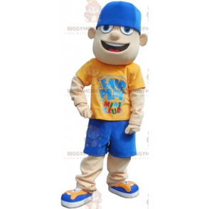 Tiener BIGGYMONKEY™ mascottekostuum gekleed in geel en blauw
