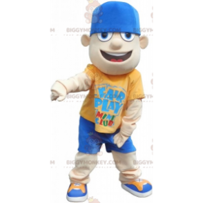 Tiener BIGGYMONKEY™ mascottekostuum gekleed in geel en blauw