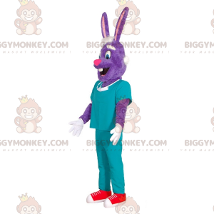 Costume de mascotte BIGGYMONKEY™ de lapin violet en tenue de