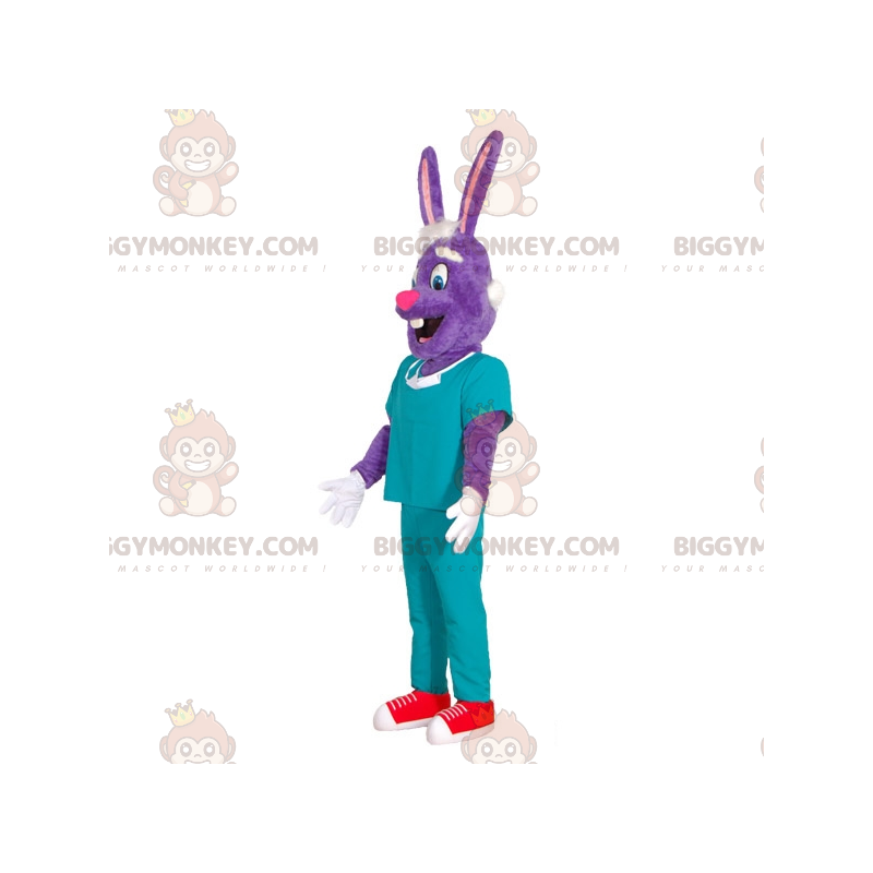Lila Hase BIGGYMONKEY™ Maskottchen-Kostüm im Chirurgen-Outfit.