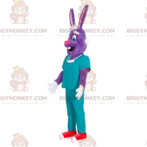 Paars konijn BIGGYMONKEY™-mascottekostuum in chirurgenoutfit. -