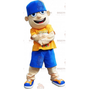 Teenage boy BIGGYMONKEY™ mascot costume in blue and yellow