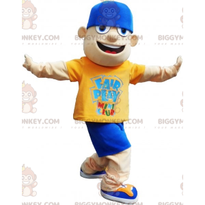 Kostým maskota dospívajícího chlapce BIGGYMONKEY™ v modrožlutém