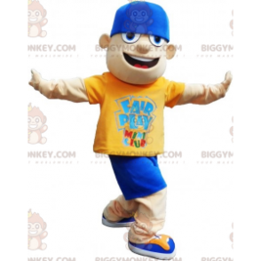 Teenager BIGGYMONKEY™ Maskottchenkostüm in blau-gelbem Outfit -