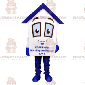 Mycket söt och rolig vit och blå hus BIGGYMONKEY™ maskotdräkt -