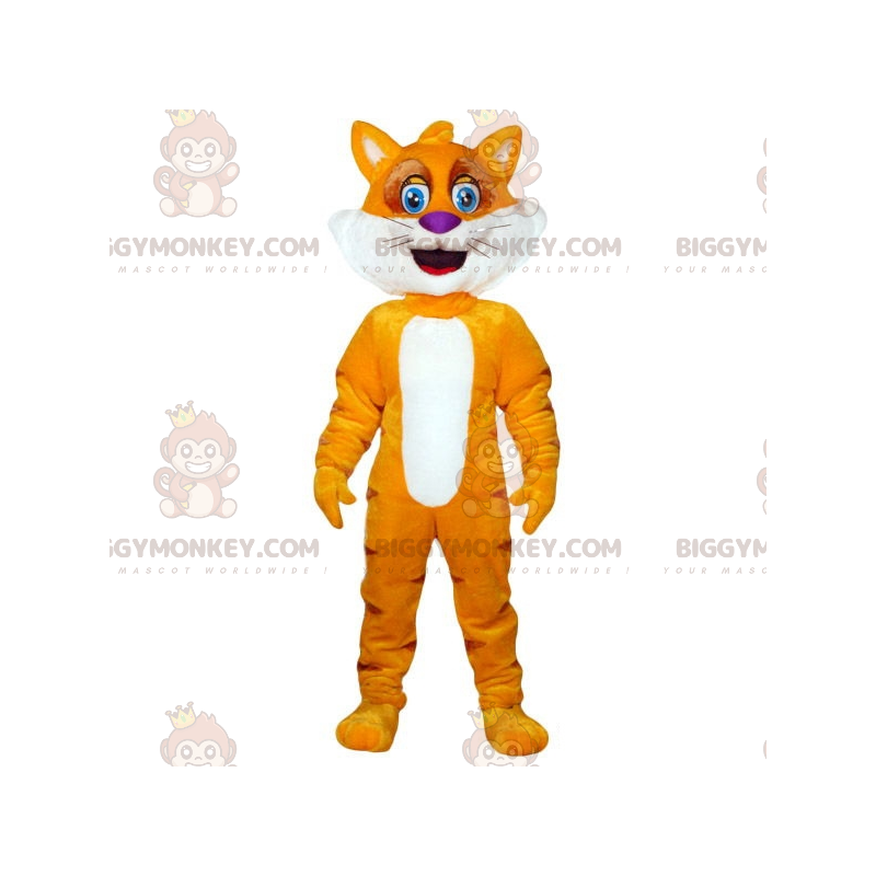 Traje de mascote de gato laranja e amarelo BIGGYMONKEY™. Traje