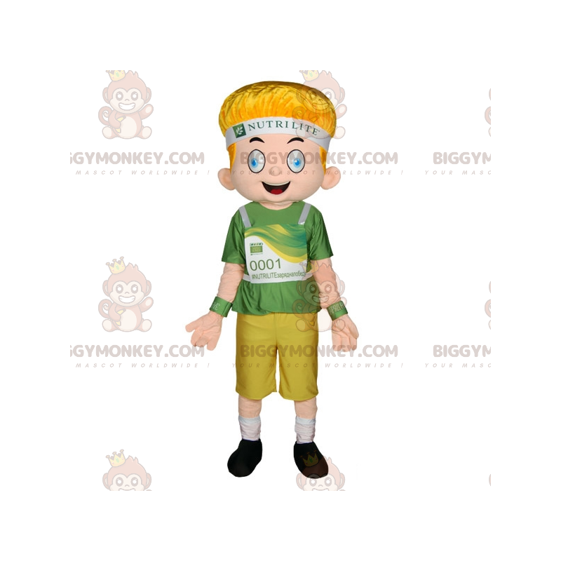 Costume de mascotte BIGGYMONKEY™ de garçon blond aux yeux bleus