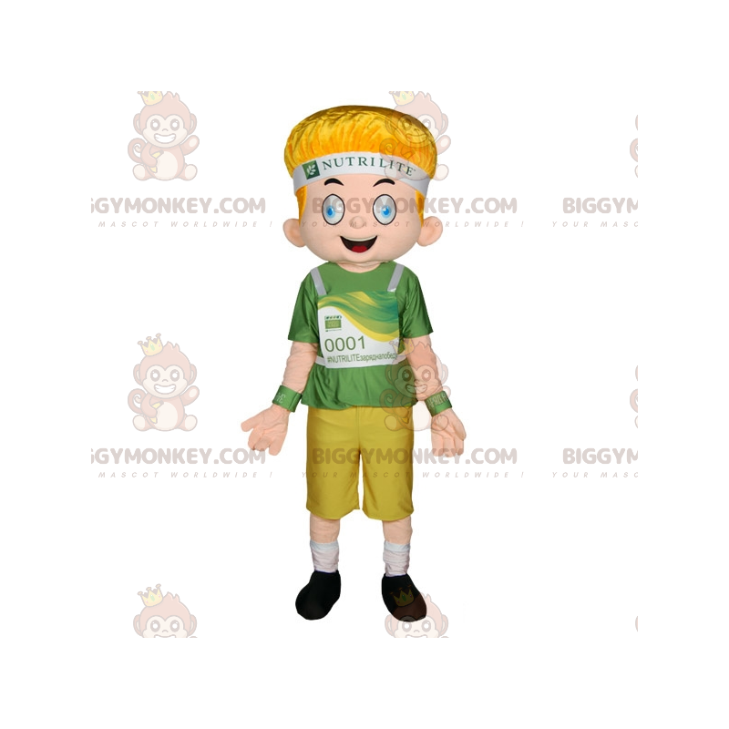 Modrooký blonďatý chlapec BIGGYMONKEY™ kostým maskota v zeleném
